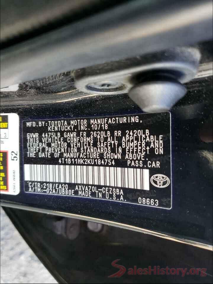 4T1B11HK2KU184754 2019 TOYOTA CAMRY