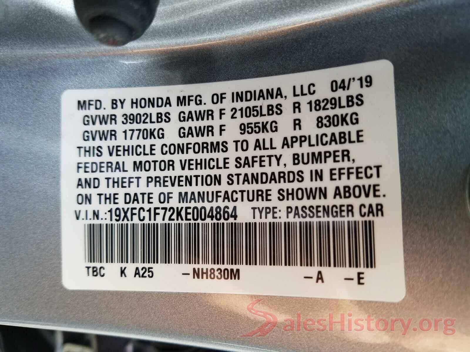 19XFC1F72KE004864 2019 HONDA CIVIC