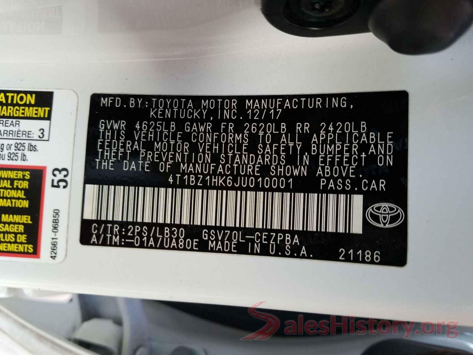 4T1BZ1HK6JU010001 2018 TOYOTA CAMRY