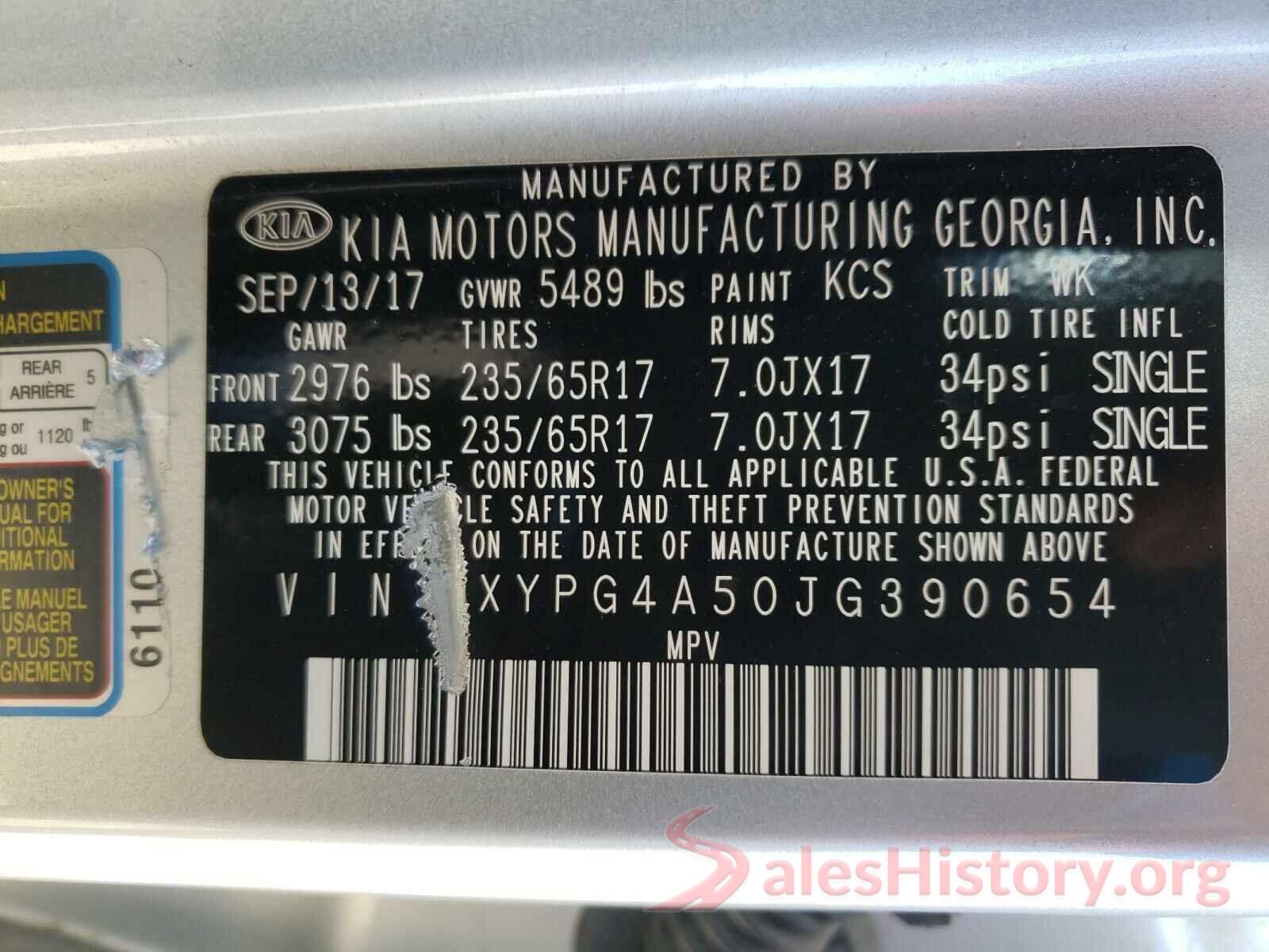 5XYPG4A50JG390654 2018 KIA SORENTO