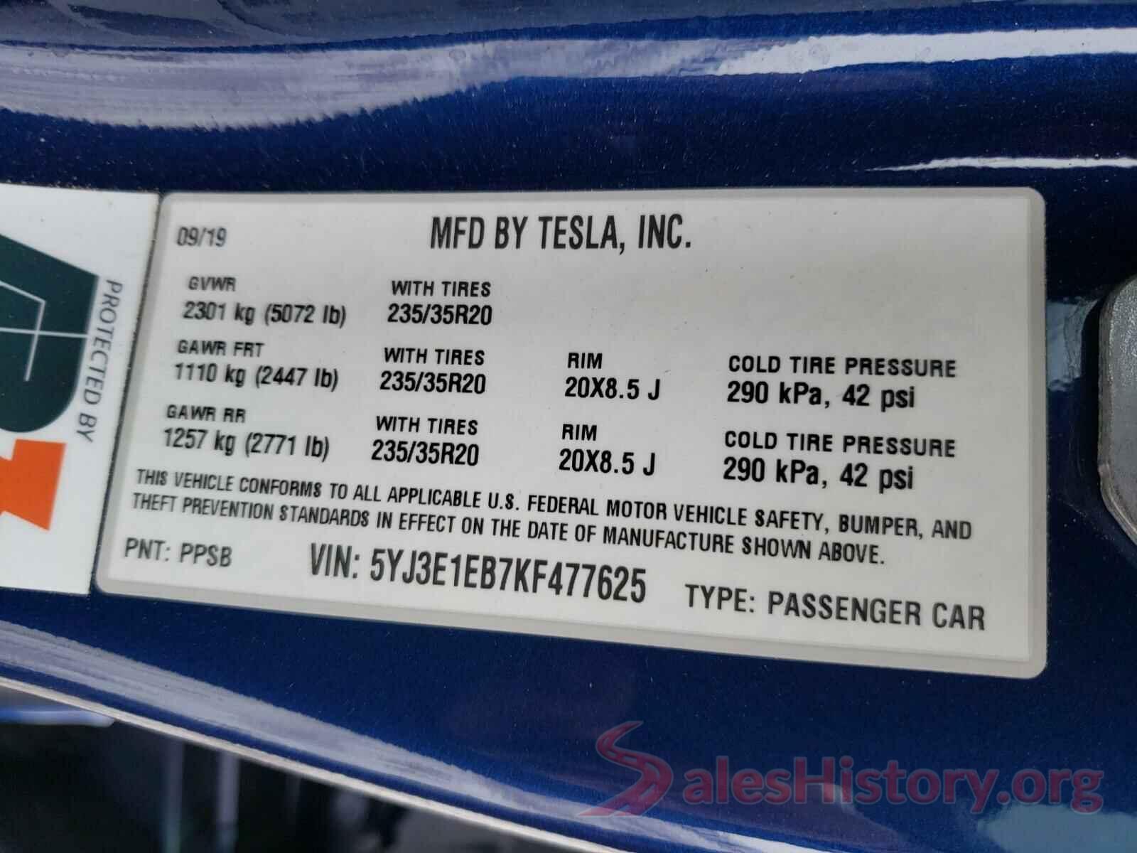 5YJ3E1EB7KF477625 2019 TESLA MODEL 3