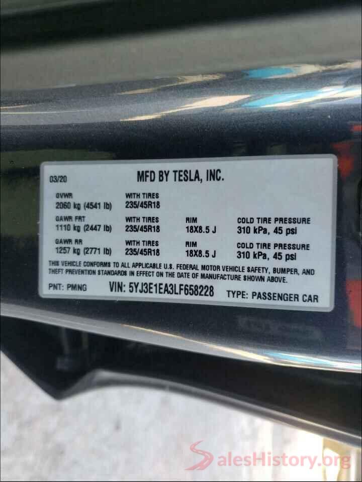 5YJ3E1EA3LF658228 2020 TESLA MODEL 3