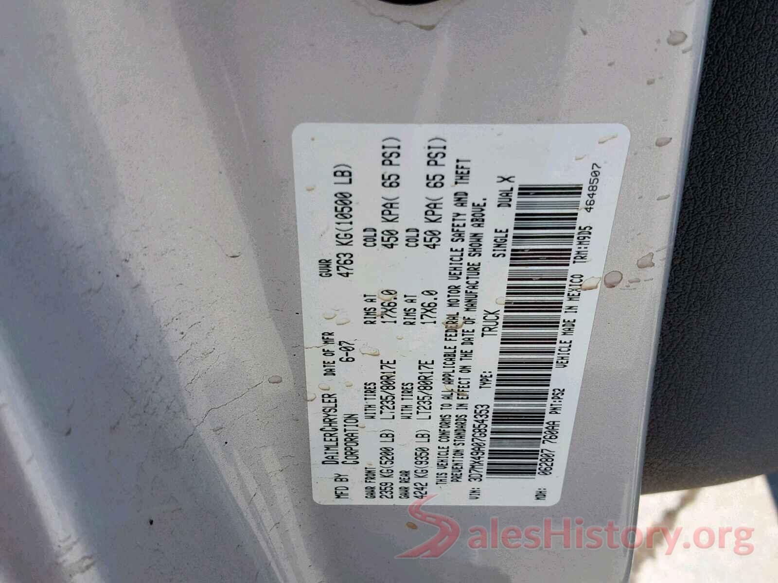 WP1AA2A52JLB03992 2007 DODGE RAM 3500