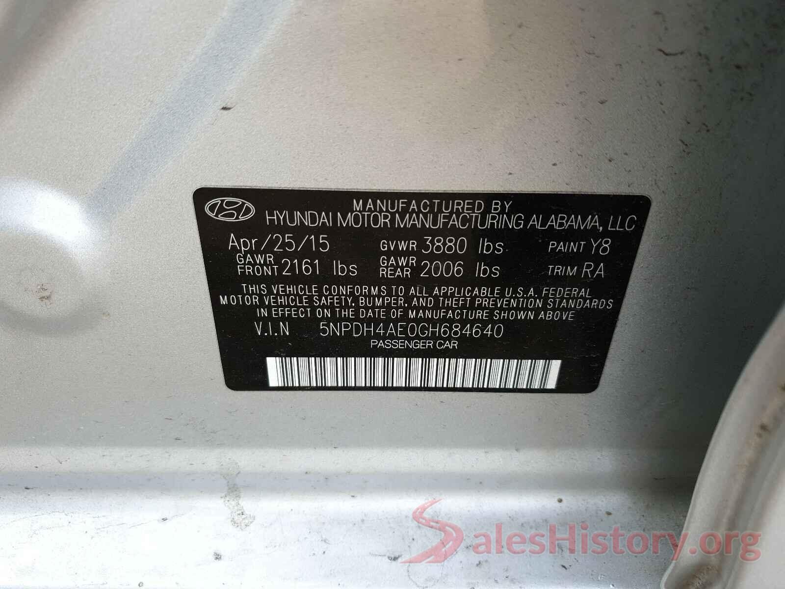 5NPDH4AE0GH684640 2016 HYUNDAI ELANTRA