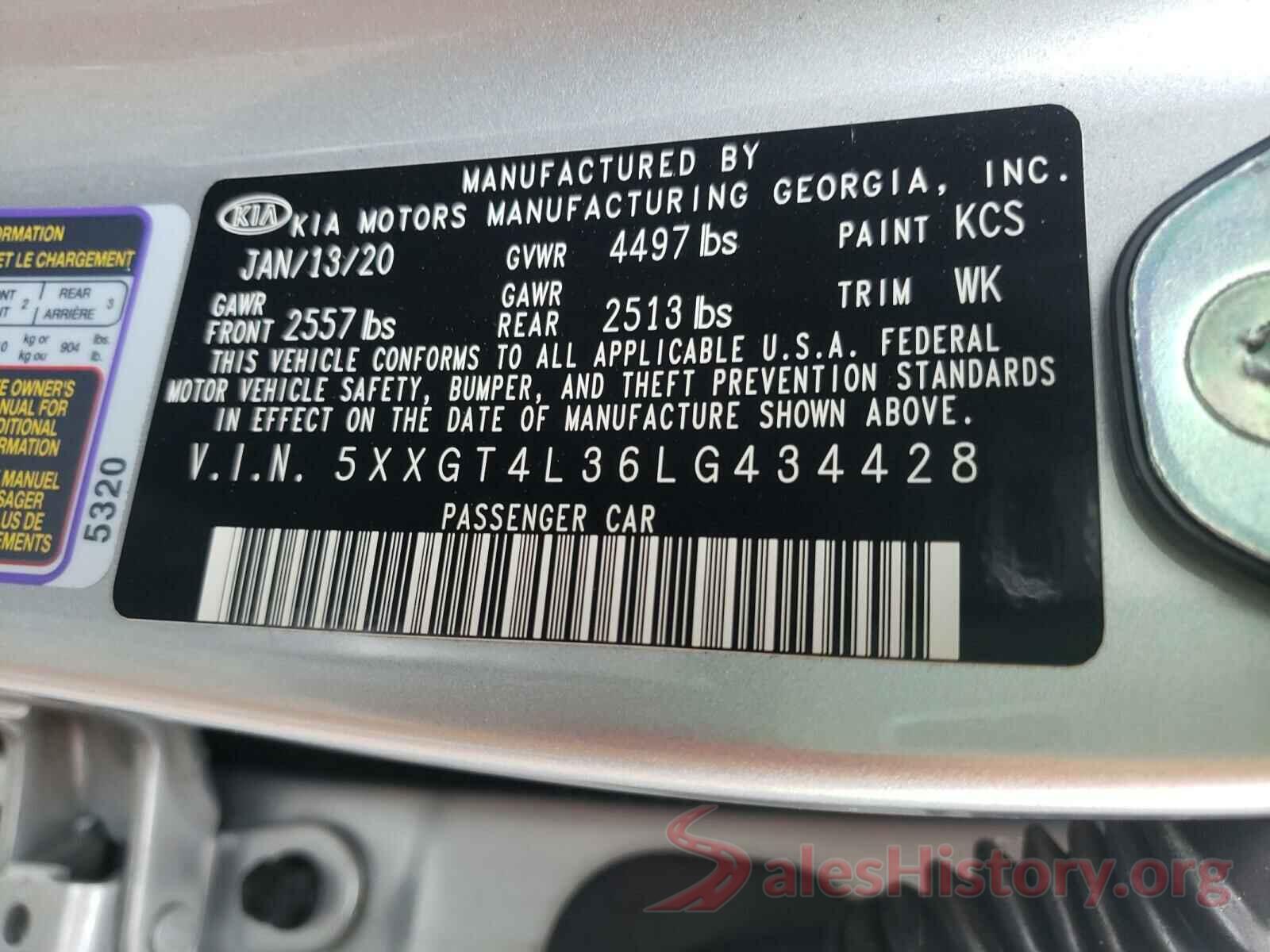 5XXGT4L36LG434428 2020 KIA OPTIMA