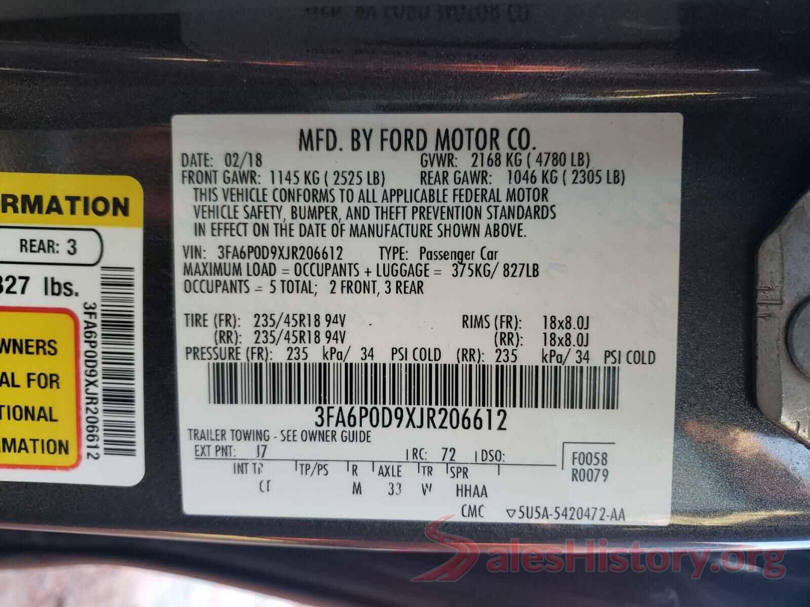 3FA6P0D9XJR206612 2018 FORD FUSION