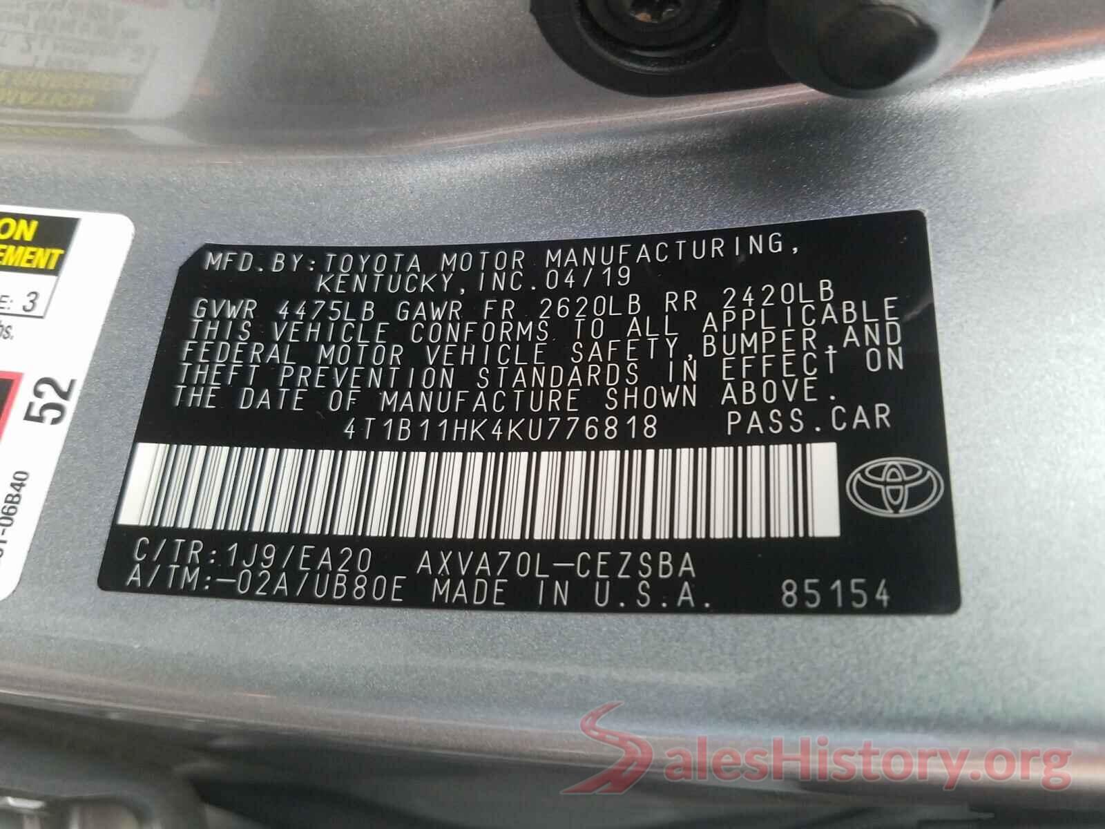 2T3WFREV3HW315285 2019 TOYOTA CAMRY