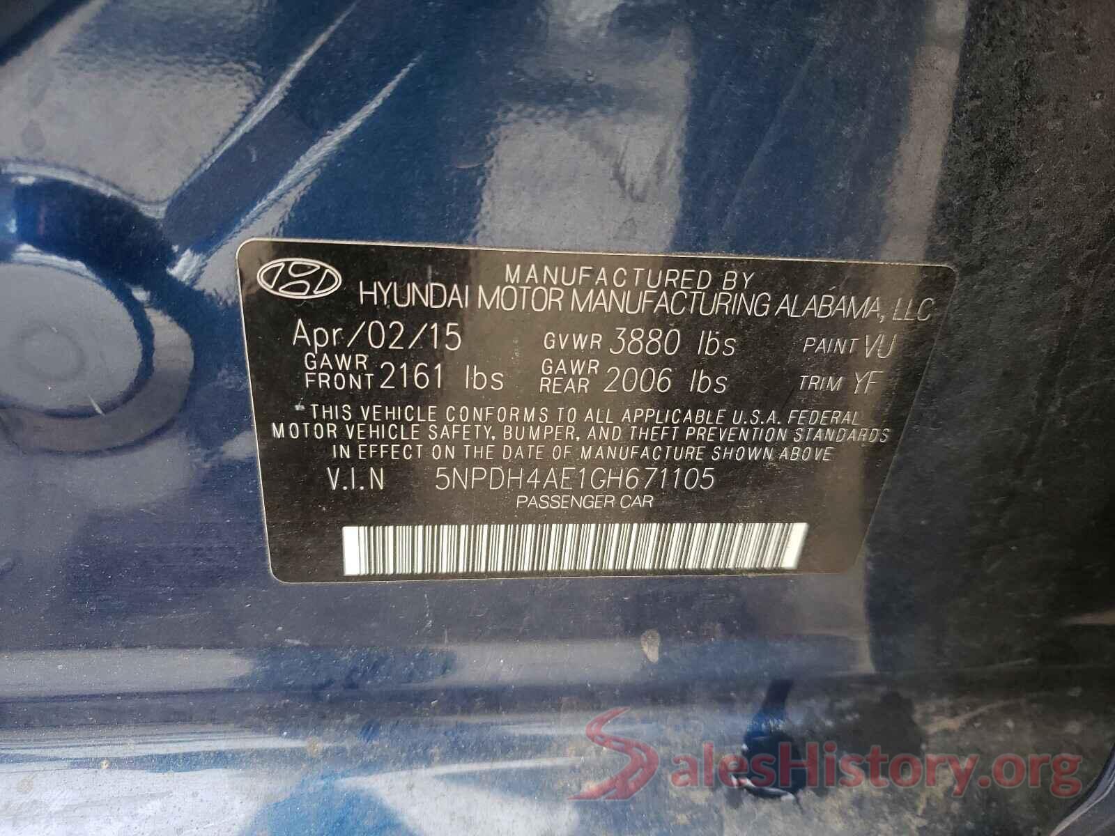 5NPDH4AE1GH671105 2016 HYUNDAI ELANTRA