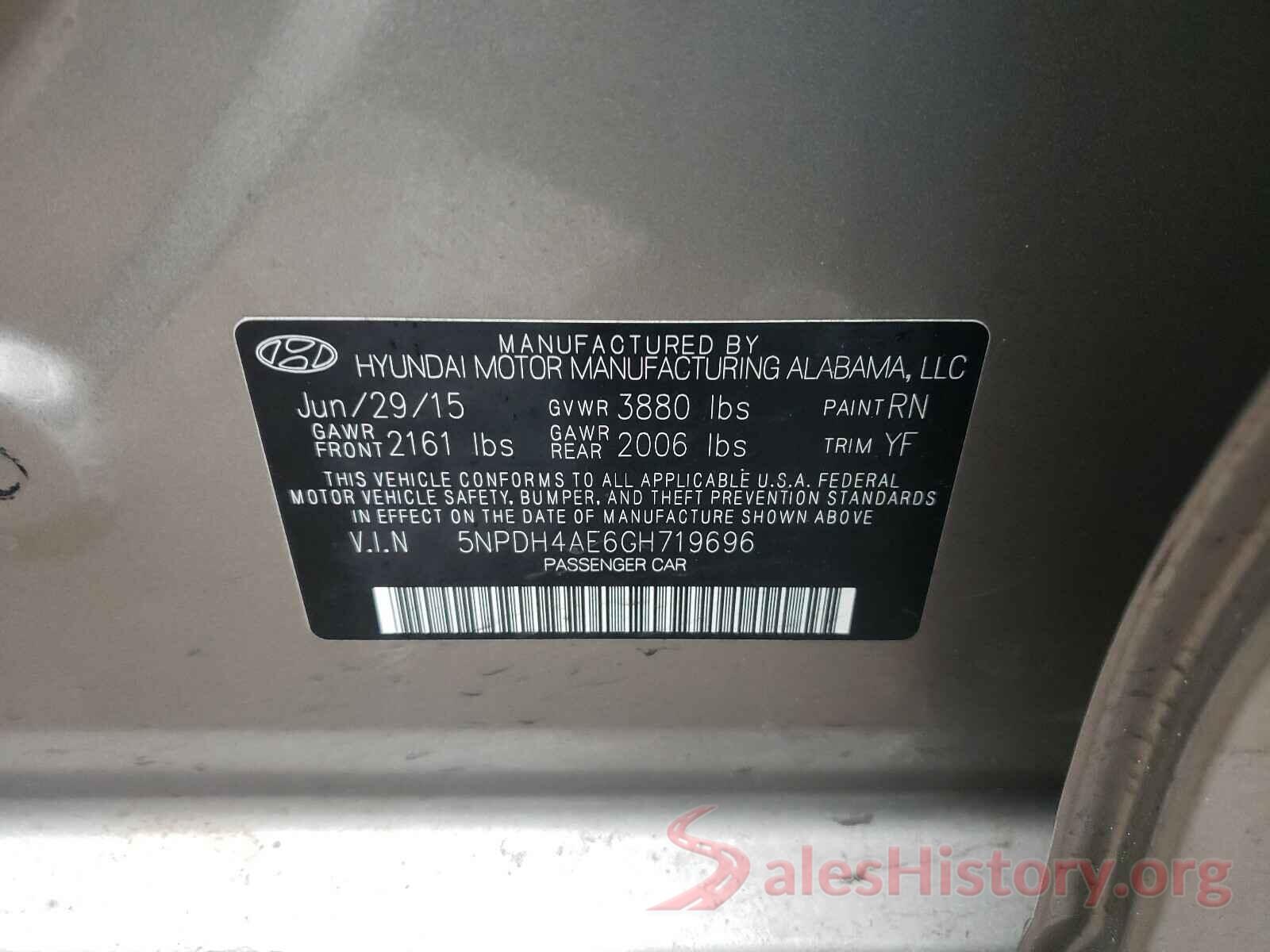 5NPDH4AE6GH719696 2016 HYUNDAI ELANTRA