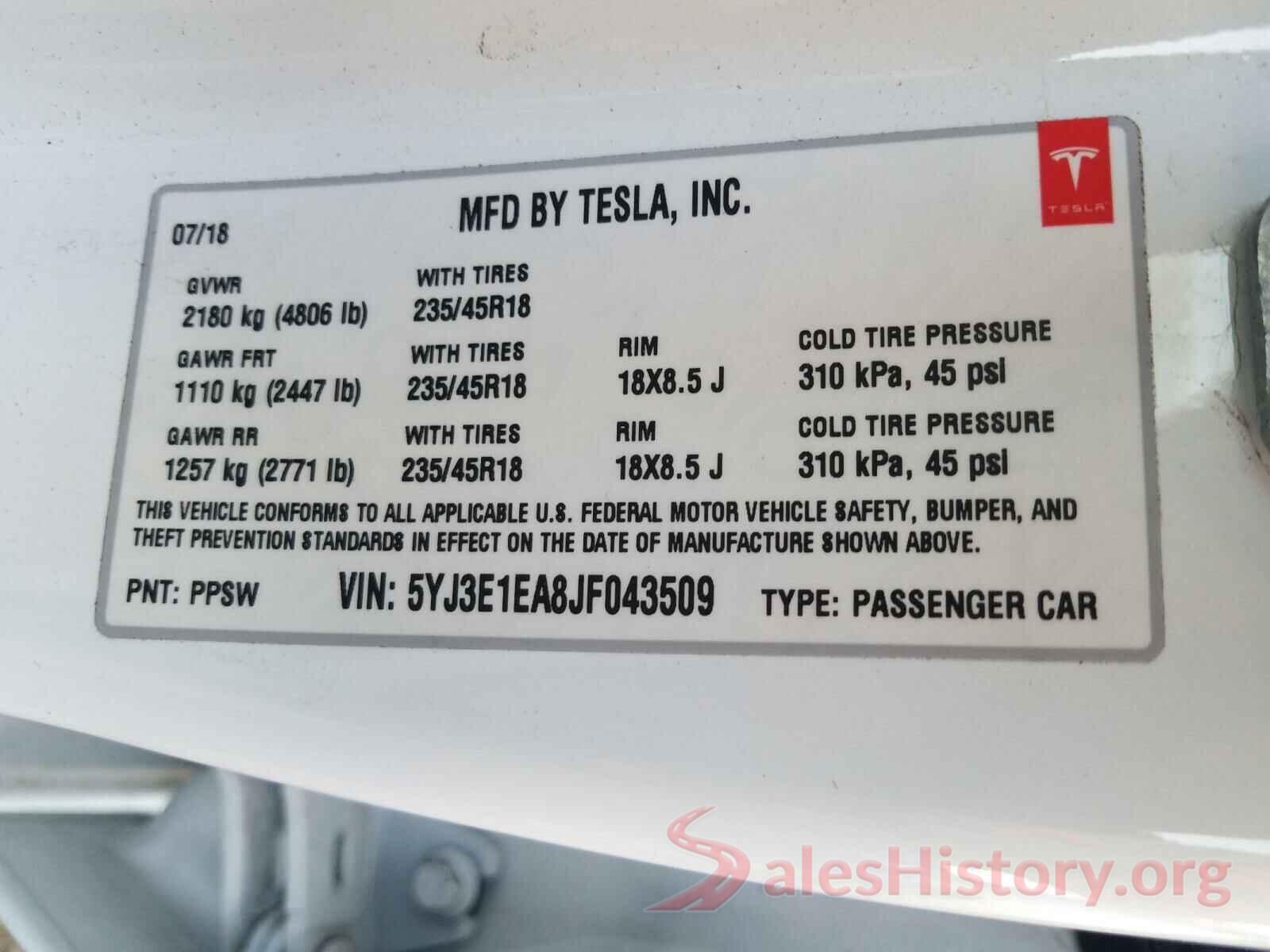 5YJ3E1EA8JF043509 2018 TESLA MODEL 3