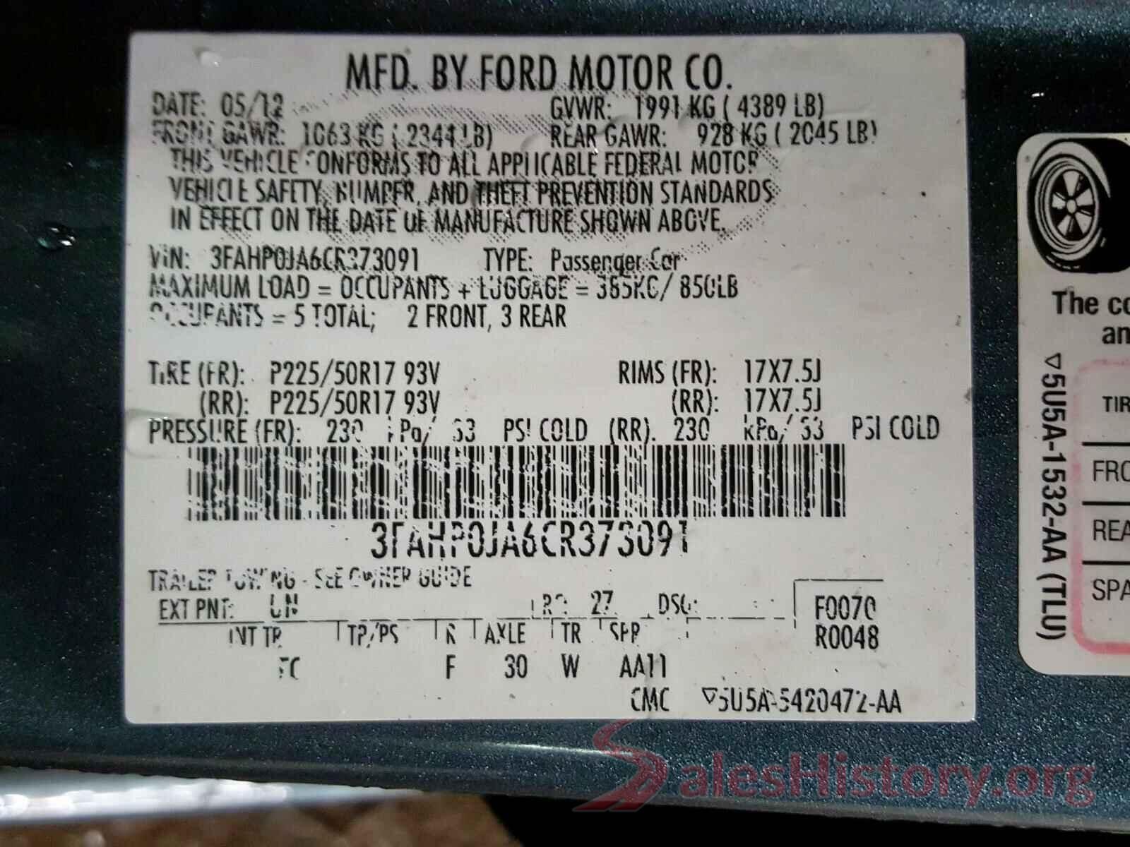 5NPD84LF5JH378224 2012 FORD FUSION