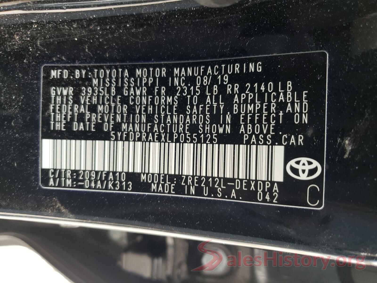 5YFDPRAEXLP055125 2020 TOYOTA COROLLA