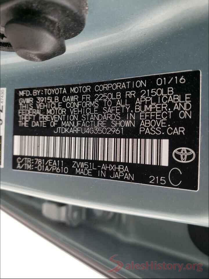 JTDKARFU4G3502961 2016 TOYOTA PRIUS