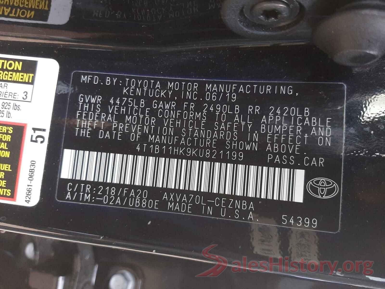 4T1B11HK9KU821199 2019 TOYOTA CAMRY