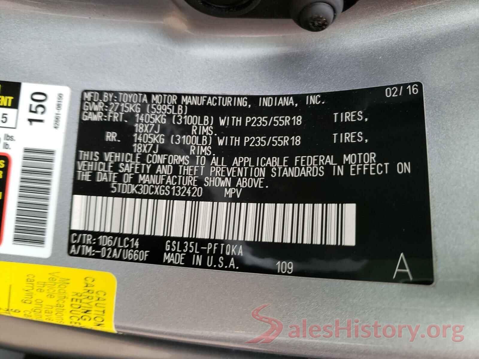 5TDDK3DCXGS132420 2016 TOYOTA SIENNA