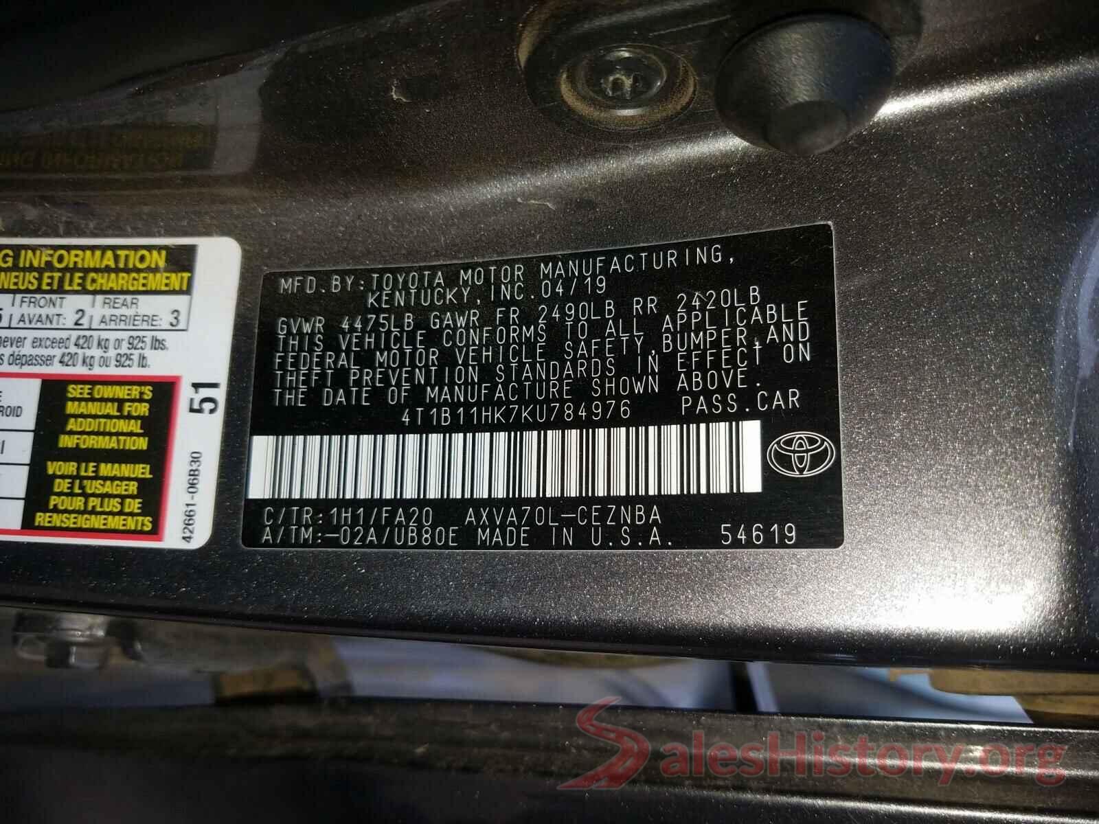 4T1B11HK7KU784976 2019 TOYOTA CAMRY