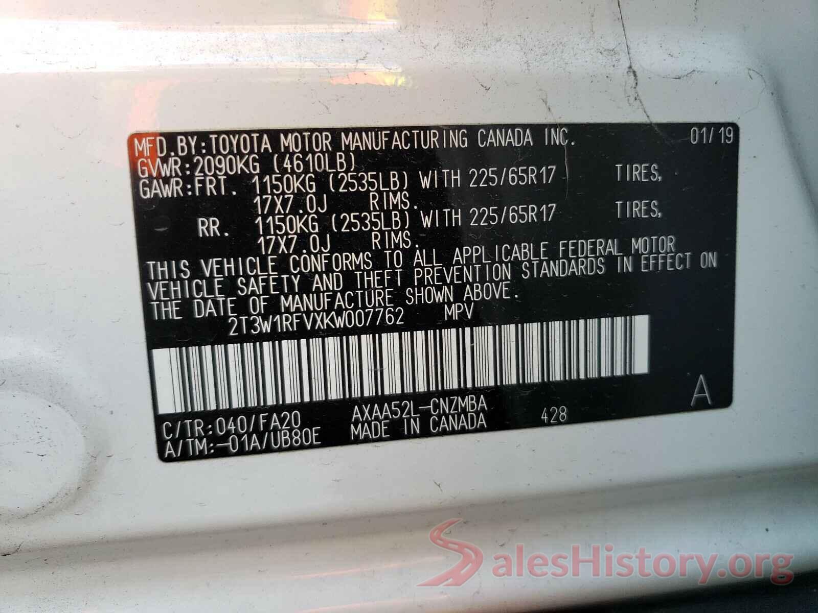 2T3W1RFVXKW007762 2019 TOYOTA RAV4