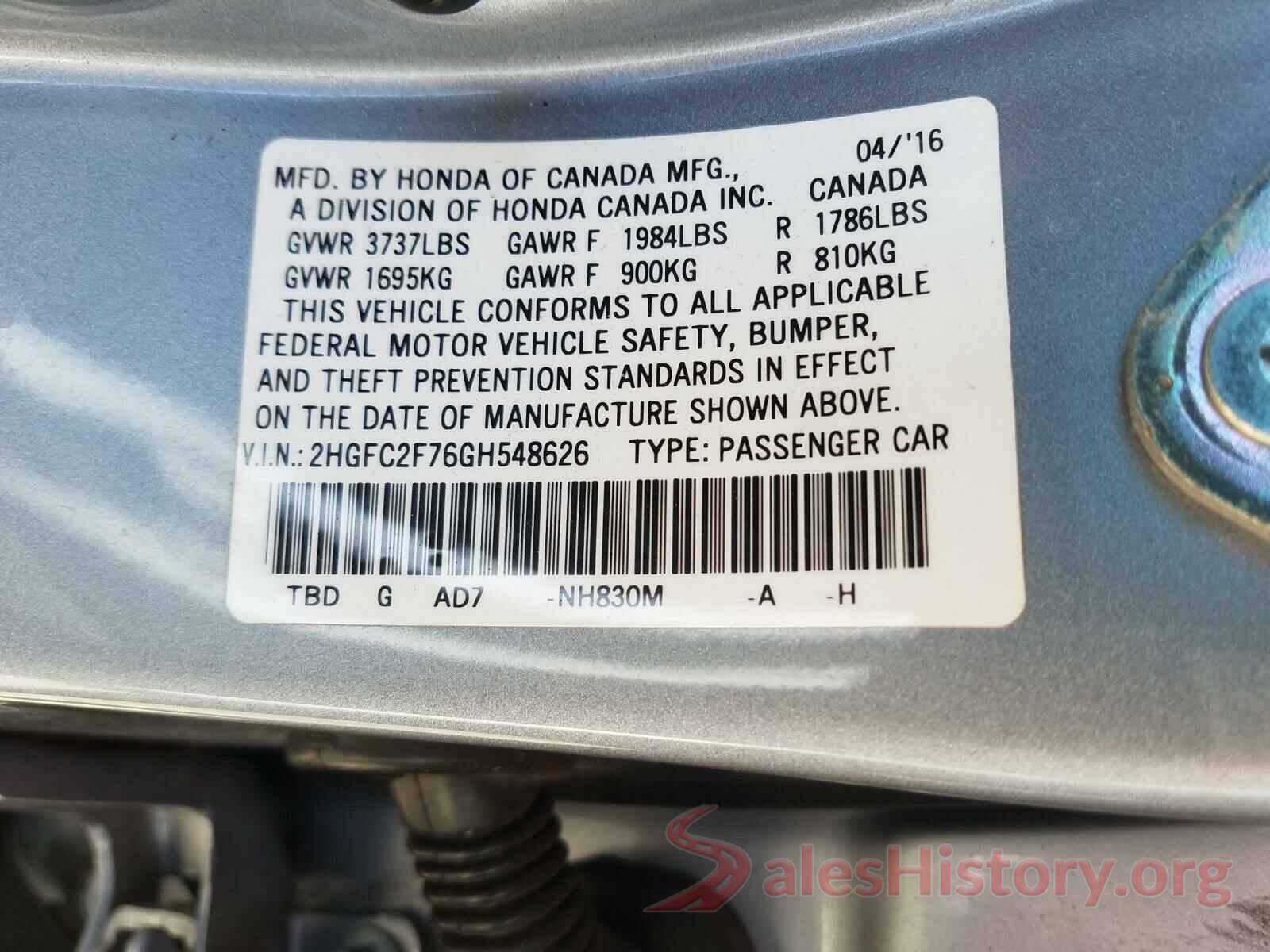 2HGFC2F76GH548626 2016 HONDA CIVIC