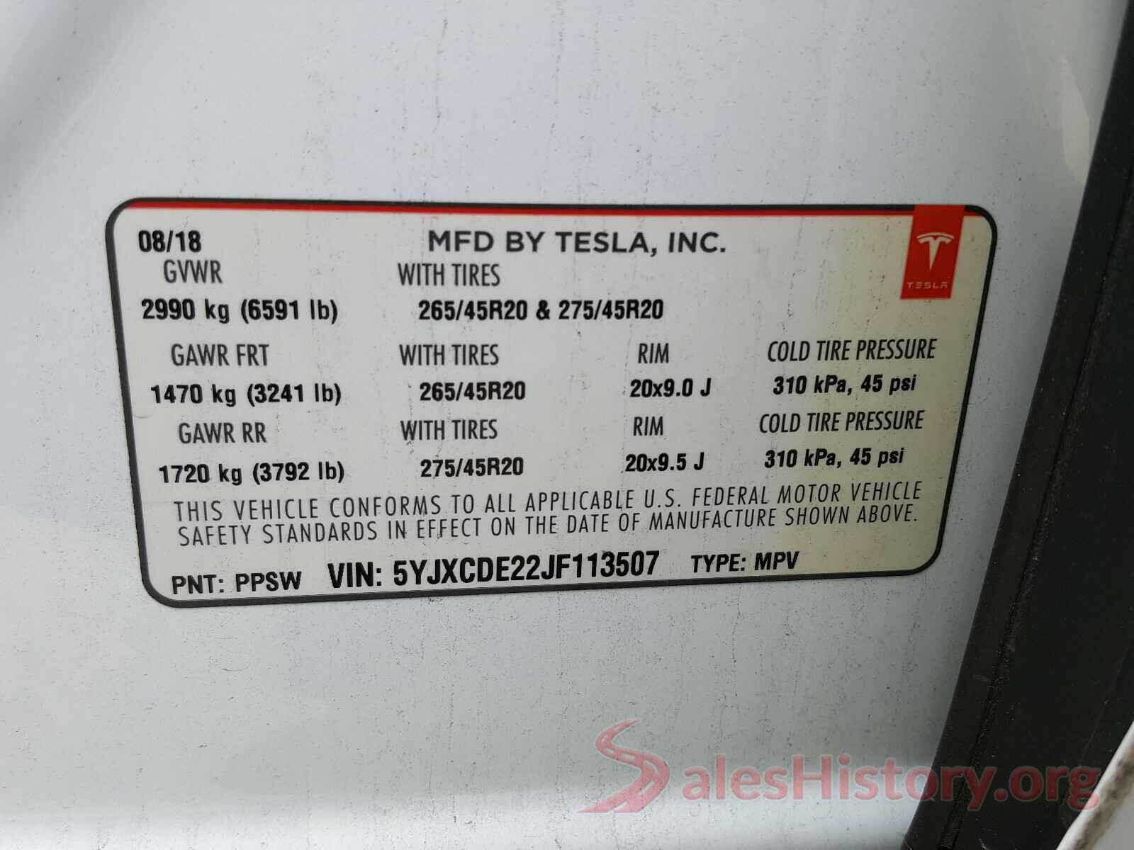 5YJXCDE22JF113507 2018 TESLA MODEL X