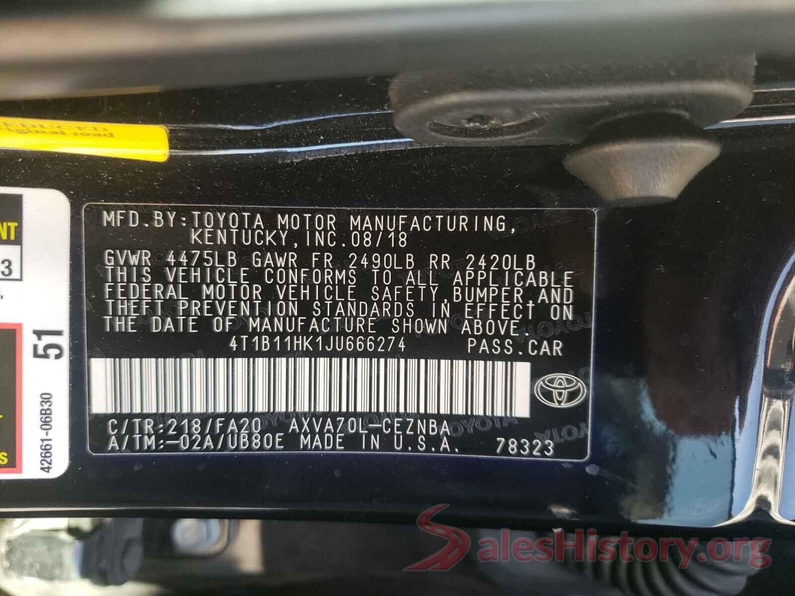 4T1B11HK1JU666274 2018 TOYOTA CAMRY