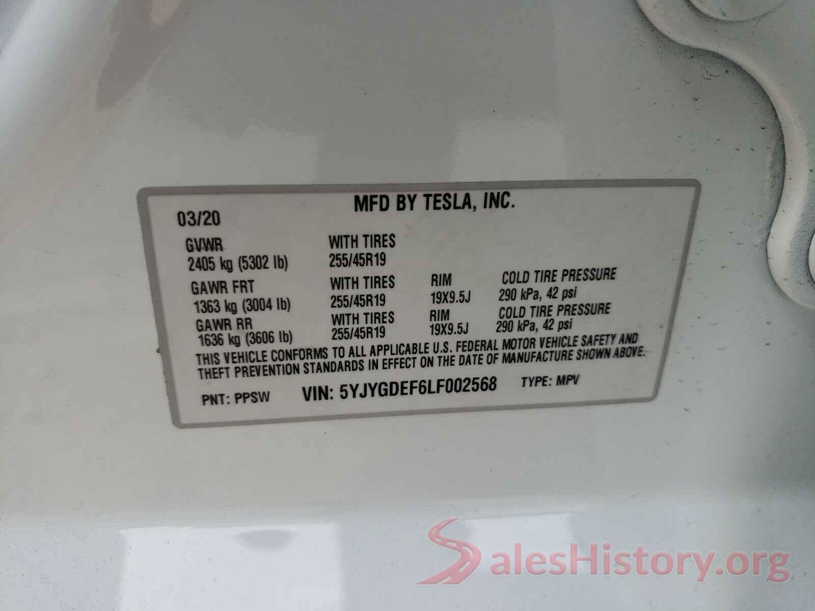 5YJYGDEF6LF002568 2020 TESLA MODEL Y