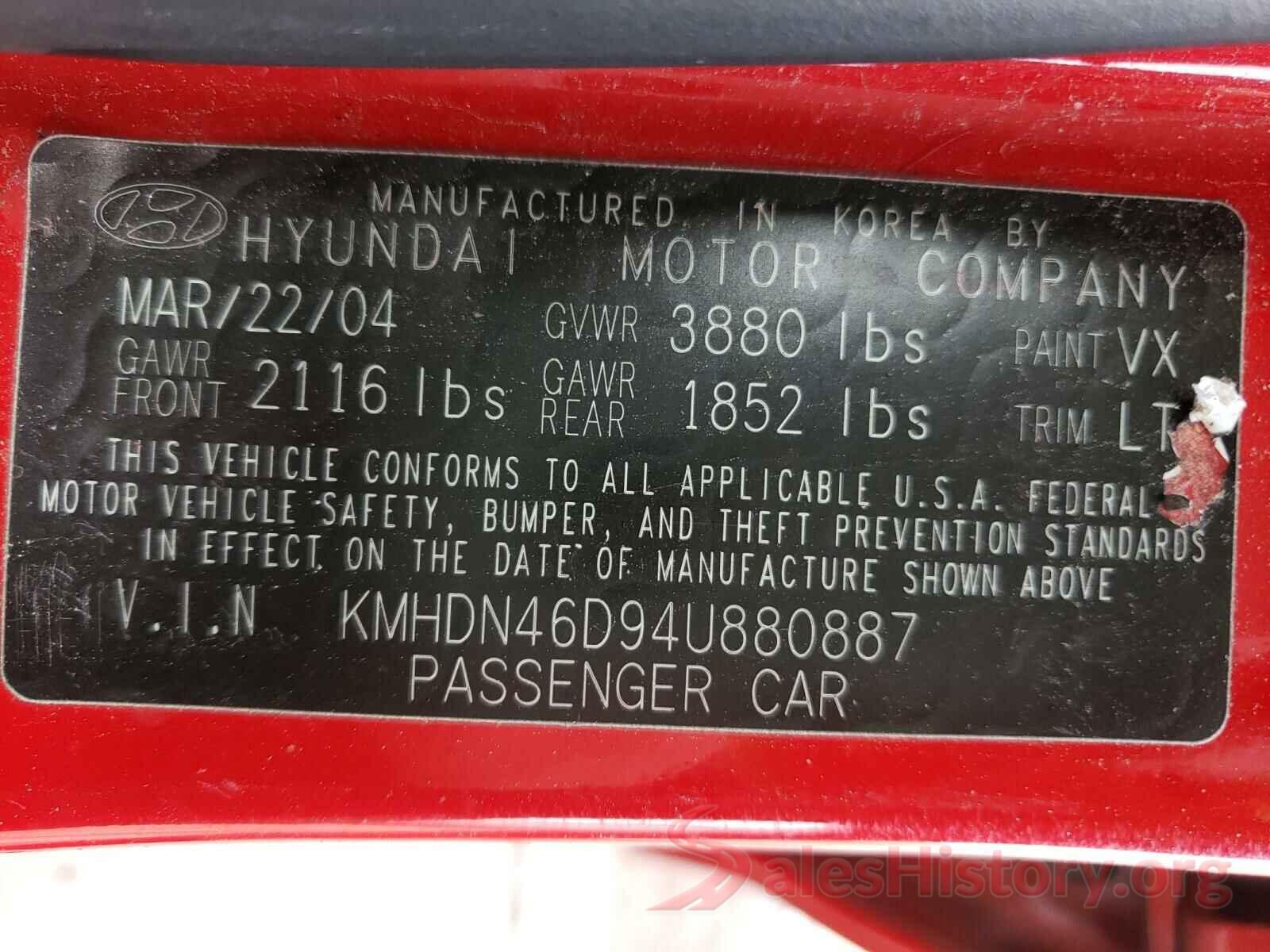 JF2SJALC3HH558358 2004 HYUNDAI ELANTRA