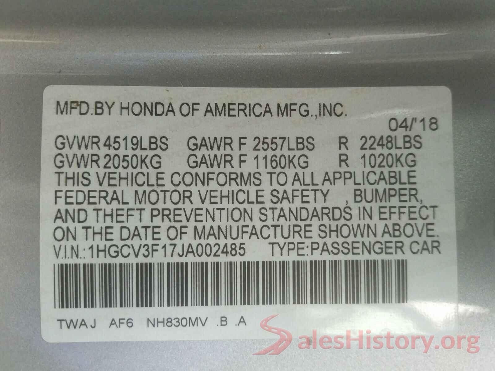 1HGCV3F17JA002485 2018 HONDA ACCORD