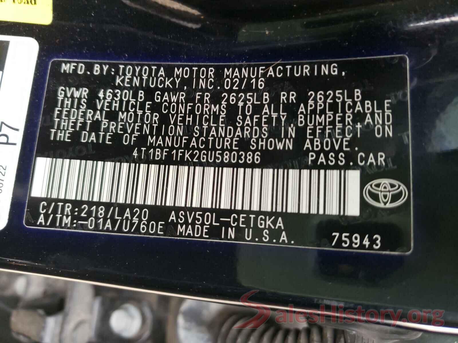 4T1BF1FK2GU580386 2016 TOYOTA CAMRY