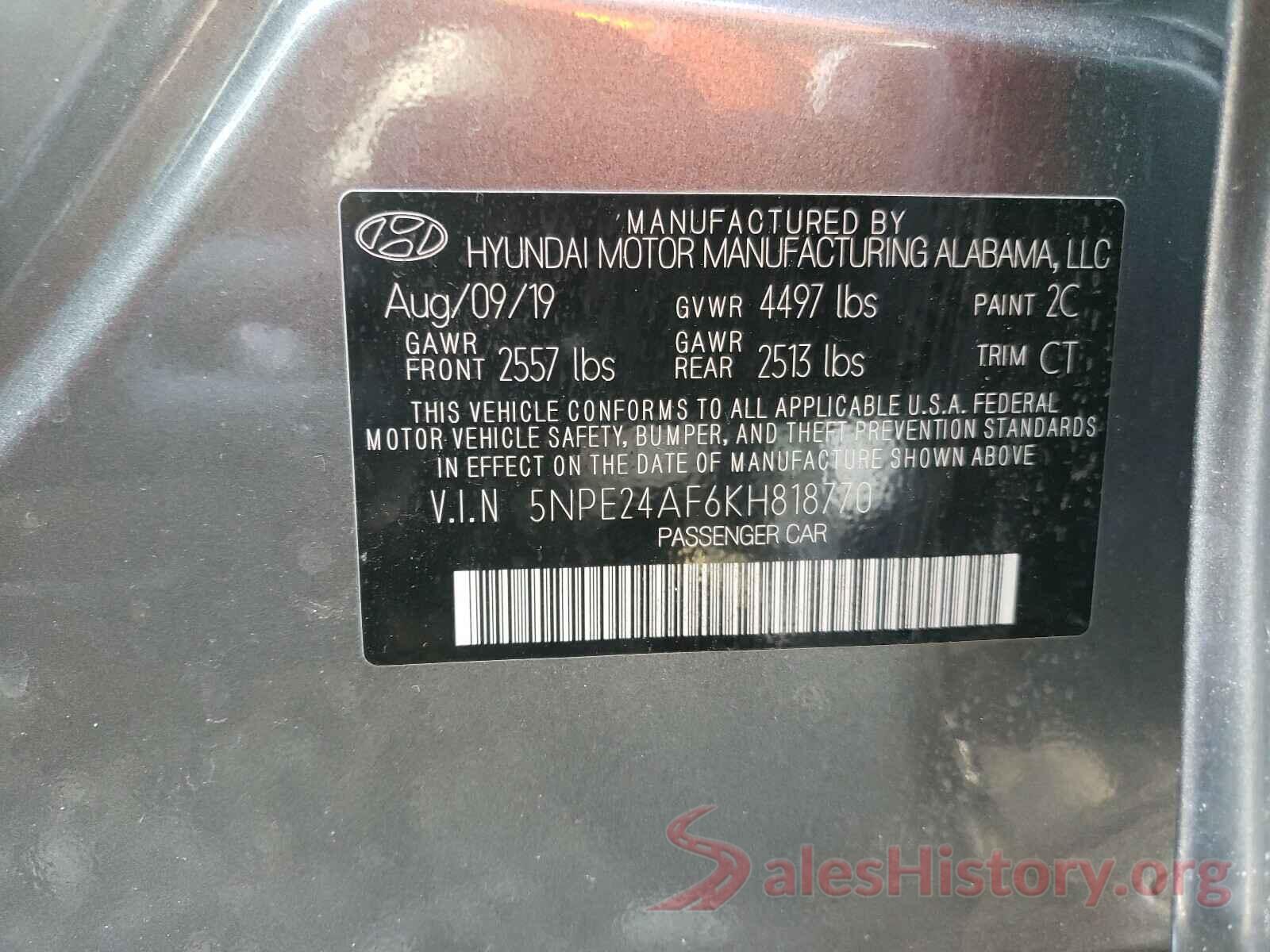 5NPE24AF6KH818770 2019 HYUNDAI SONATA