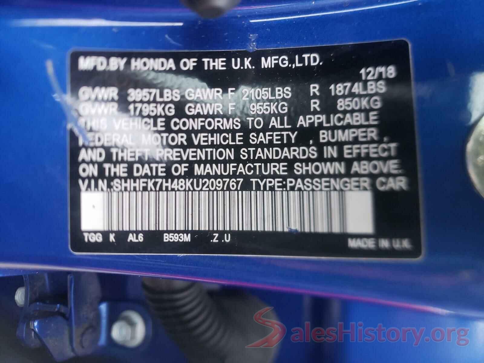 SHHFK7H48KU209767 2019 HONDA CIVIC