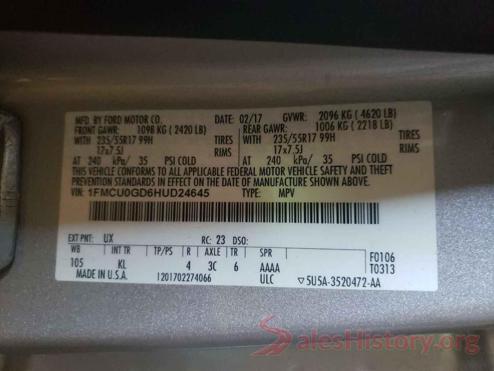 1FMCU0GD6HUD24645 2017 FORD ESCAPE