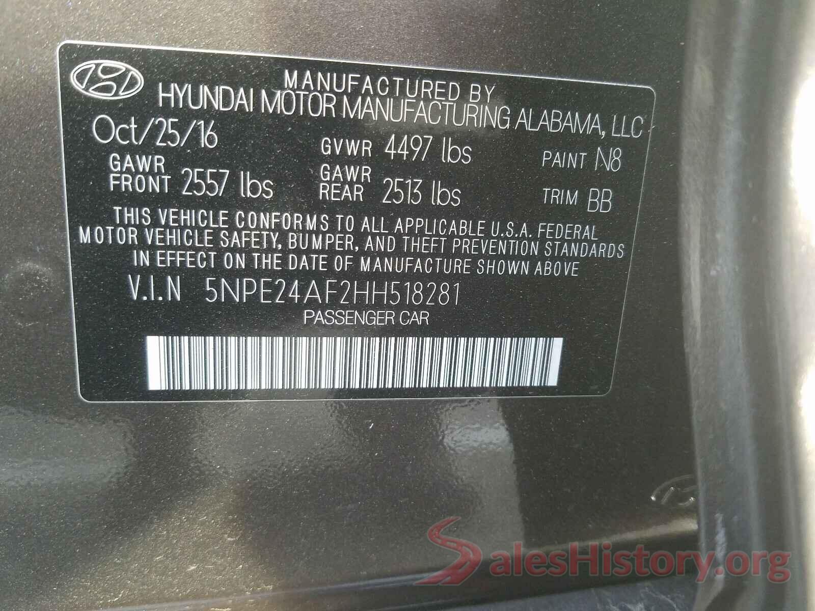 5NPE24AF2HH518281 2017 HYUNDAI SONATA