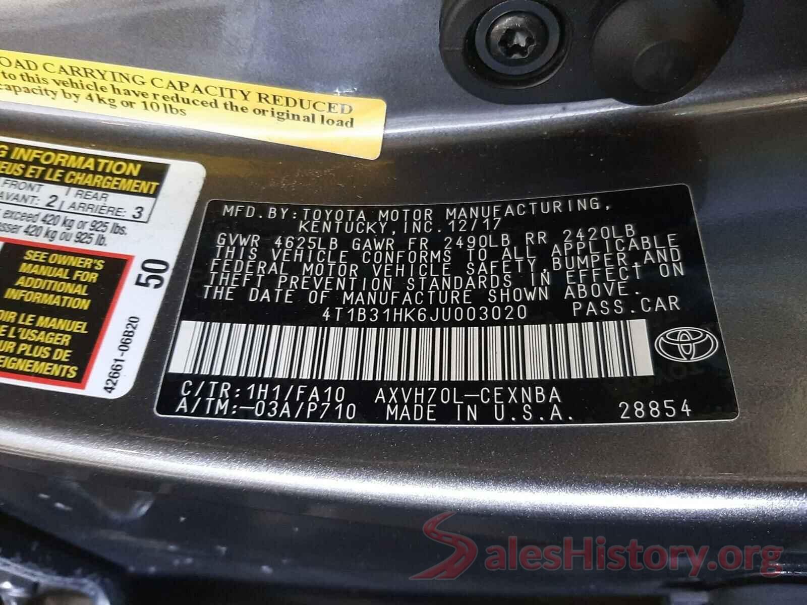 4T1B31HK6JU003020 2018 TOYOTA CAMRY