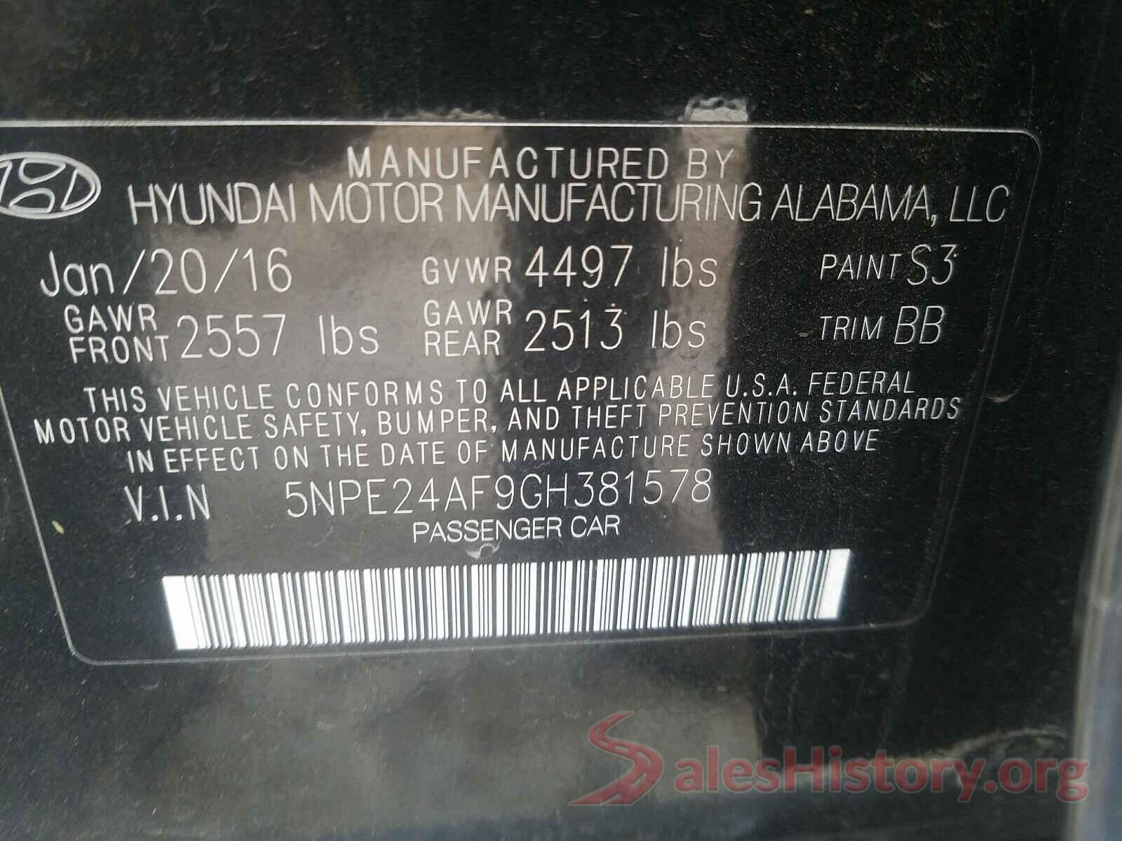 5NPE24AF9GH381578 2016 HYUNDAI SONATA