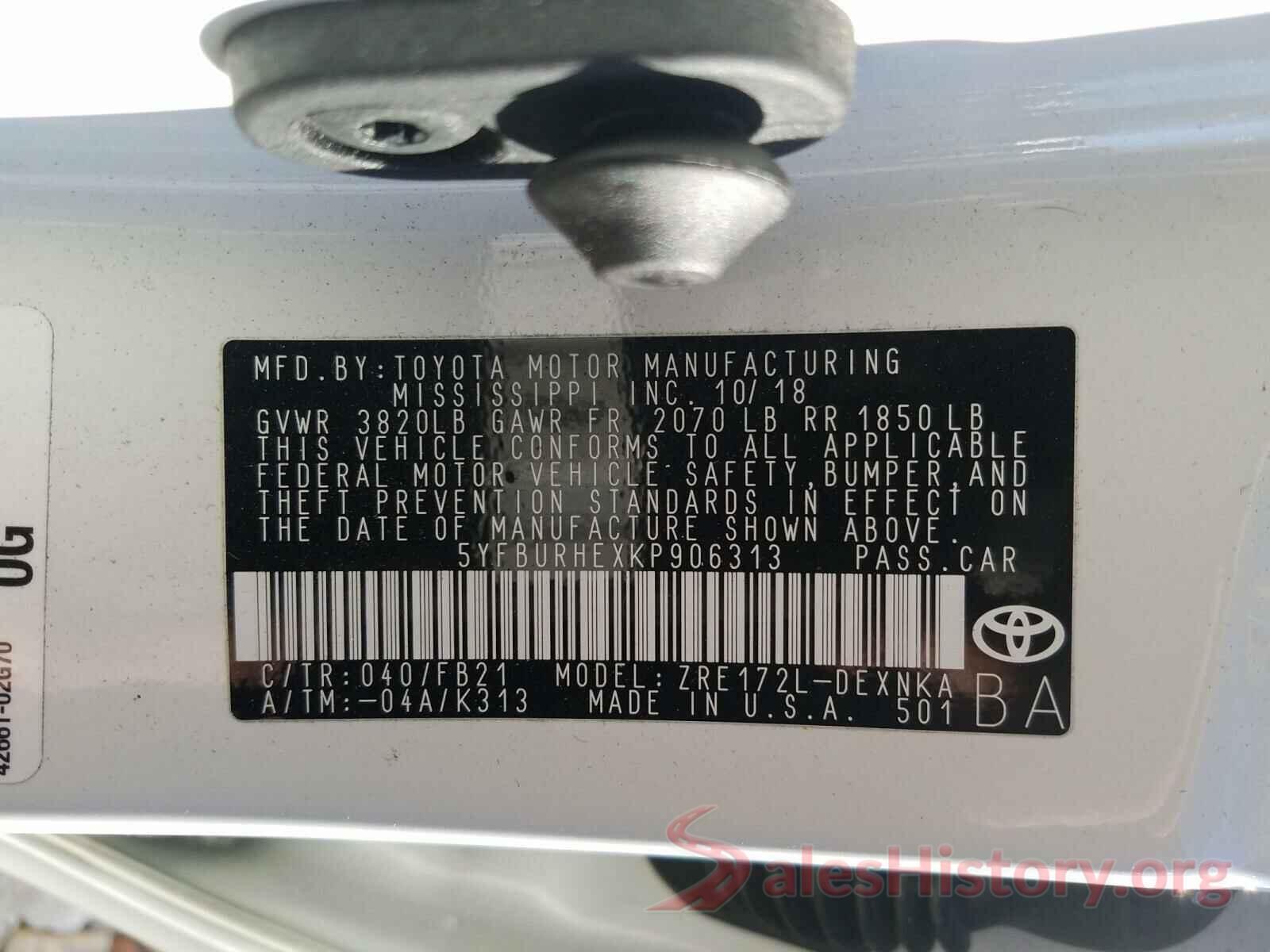 5YFBURHEXKP906313 2019 TOYOTA COROLLA