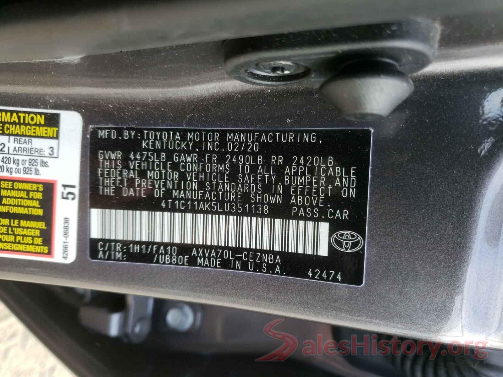 4T1C11AK5LU351138 2020 TOYOTA CAMRY