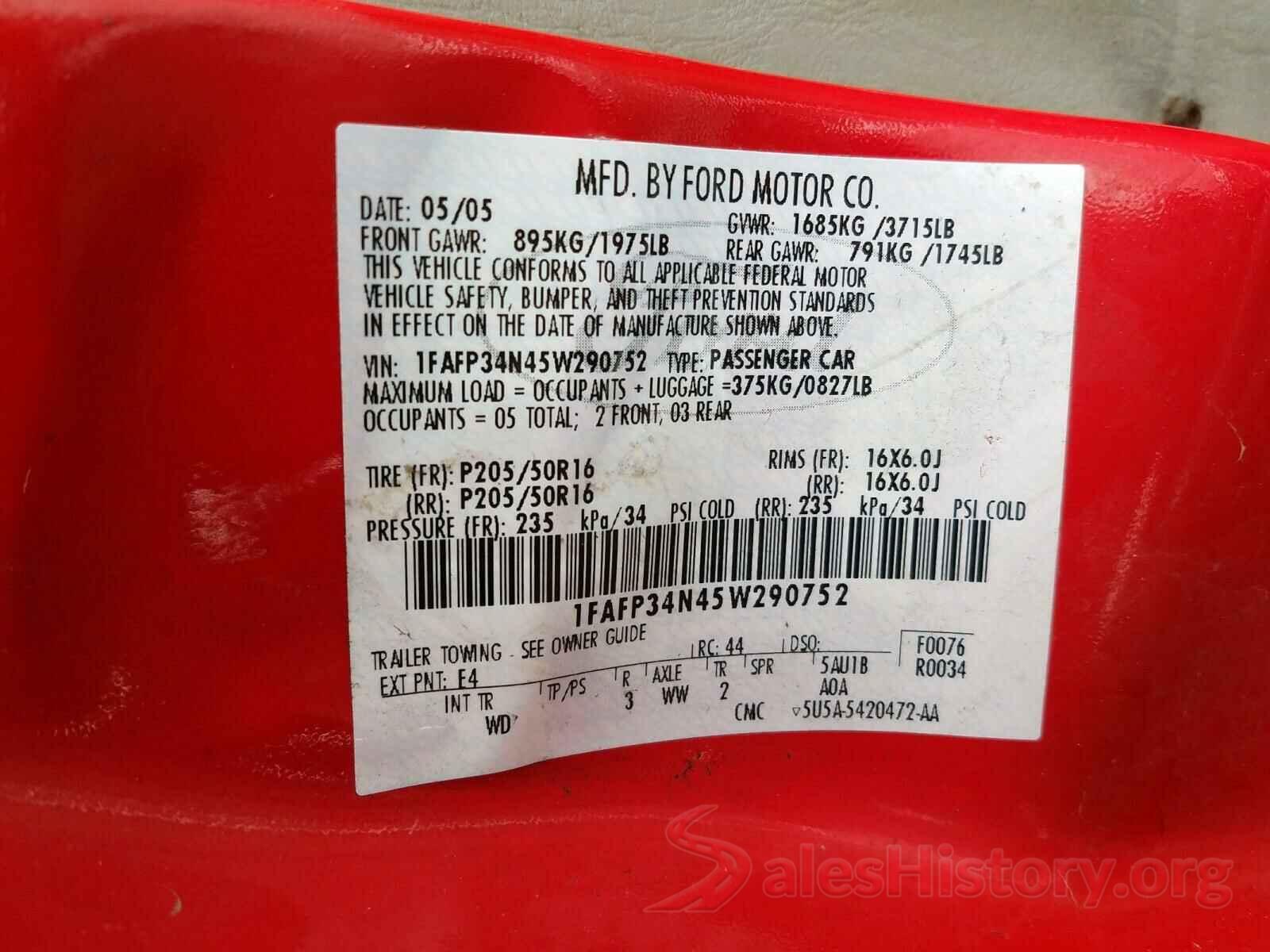 5FNYF6H3XKB077787 2005 FORD FOCUS