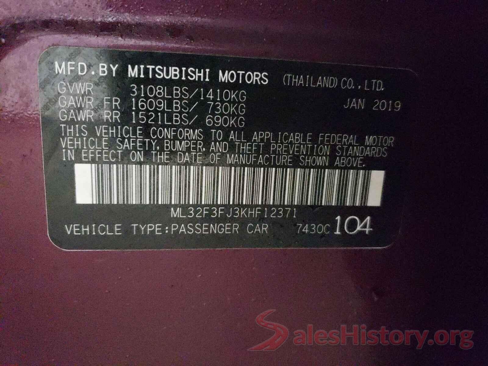 ML32F3FJ3KHF12371 2019 MITSUBISHI MIRAGE