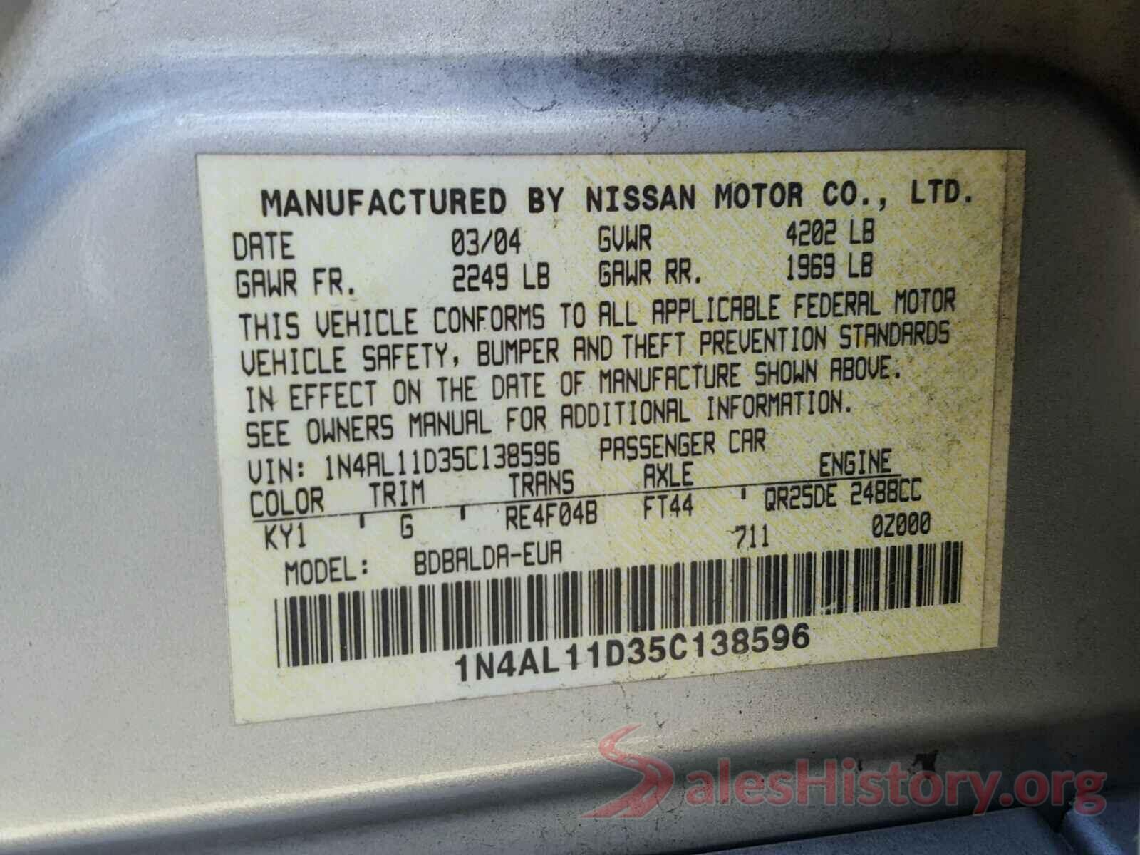 3N1AB7AP9GY209663 2005 NISSAN ALTIMA S