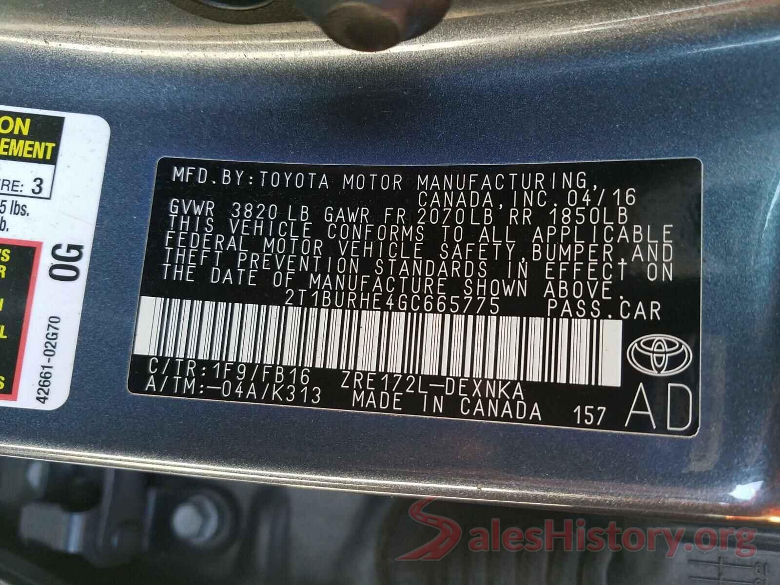 2T1BURHE4GC665775 2016 TOYOTA COROLLA