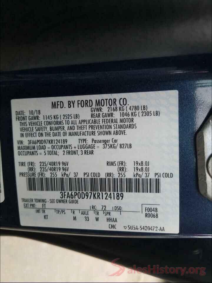 3FA6P0D97KR124189 2019 FORD FUSION