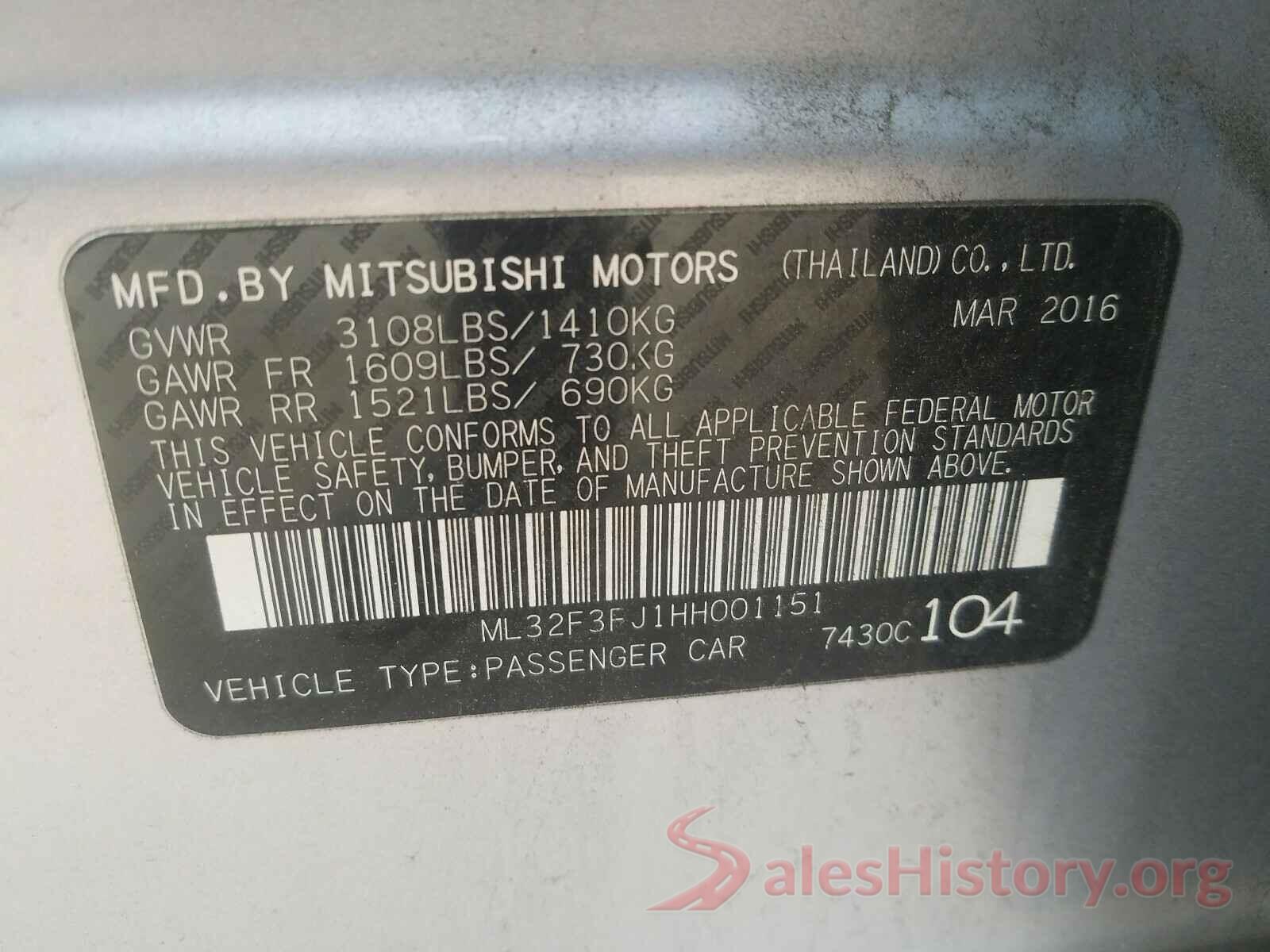 ML32F3FJ1HH001151 2017 MITSUBISHI MIRAGE