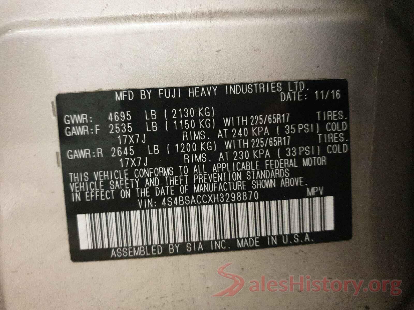 4S4BSACCXH3298870 2017 SUBARU OUTBACK