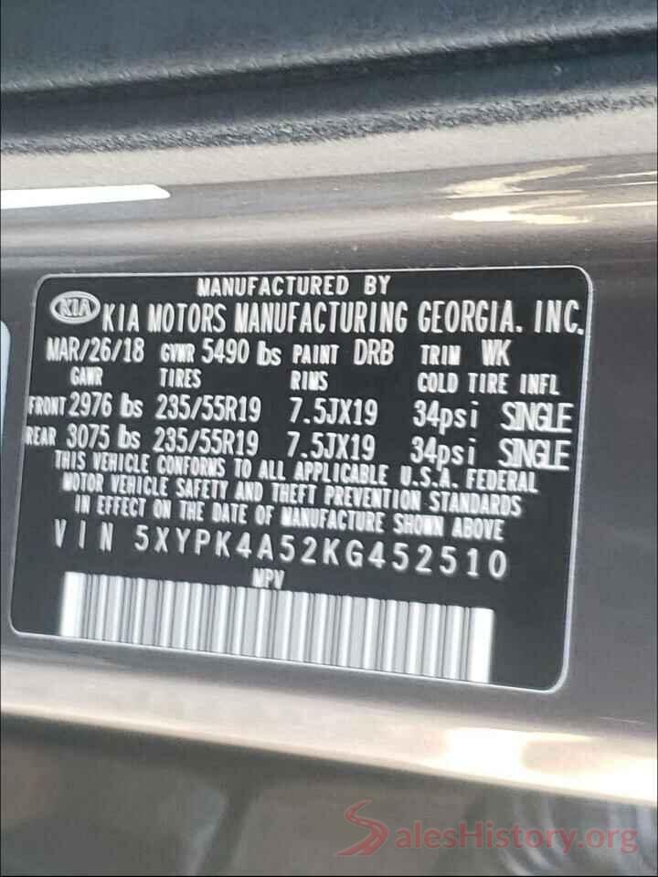 5XYPK4A52KG452510 2019 KIA SORENTO