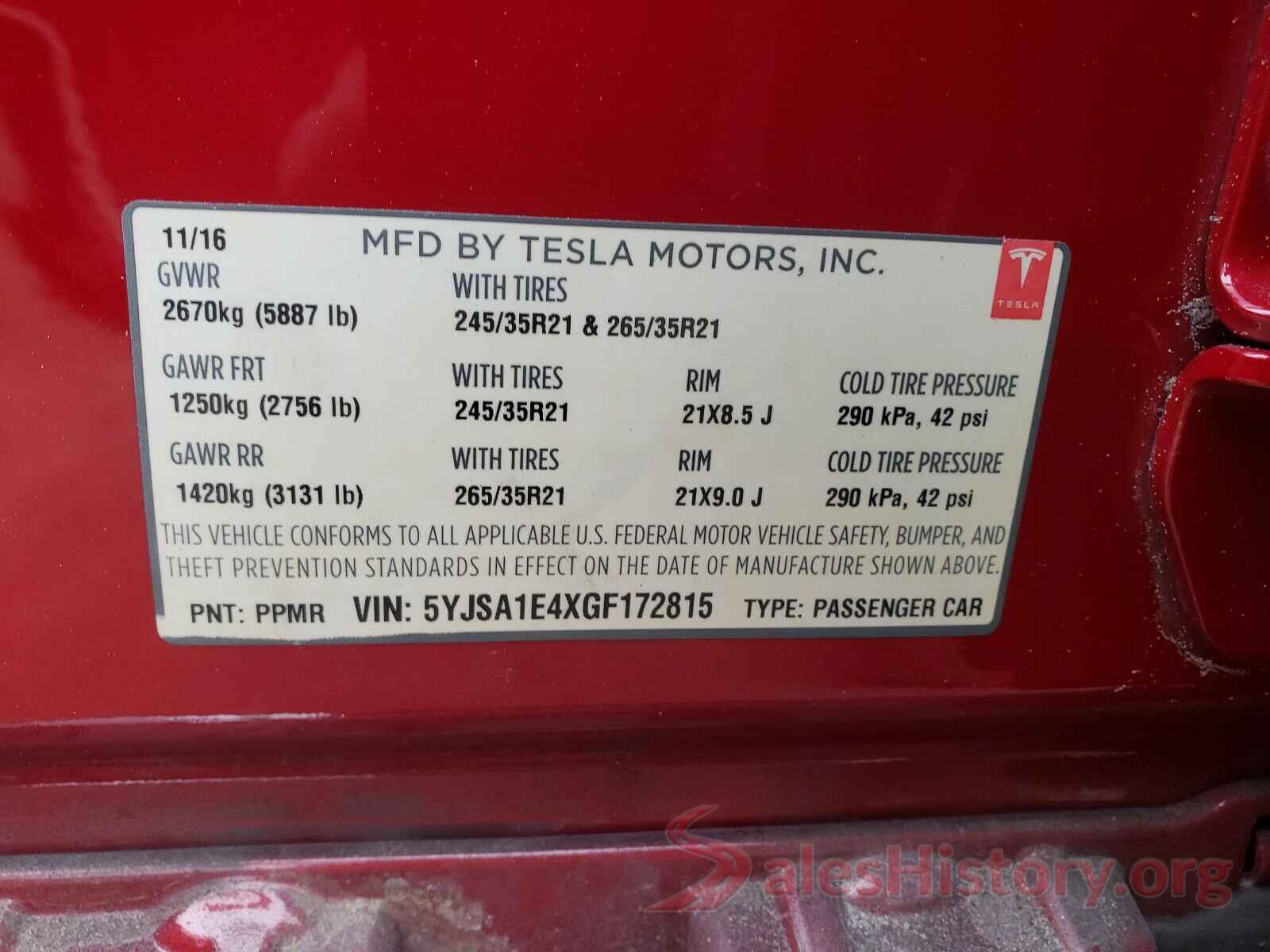 5YJSA1E4XGF172815 2016 TESLA MODEL S