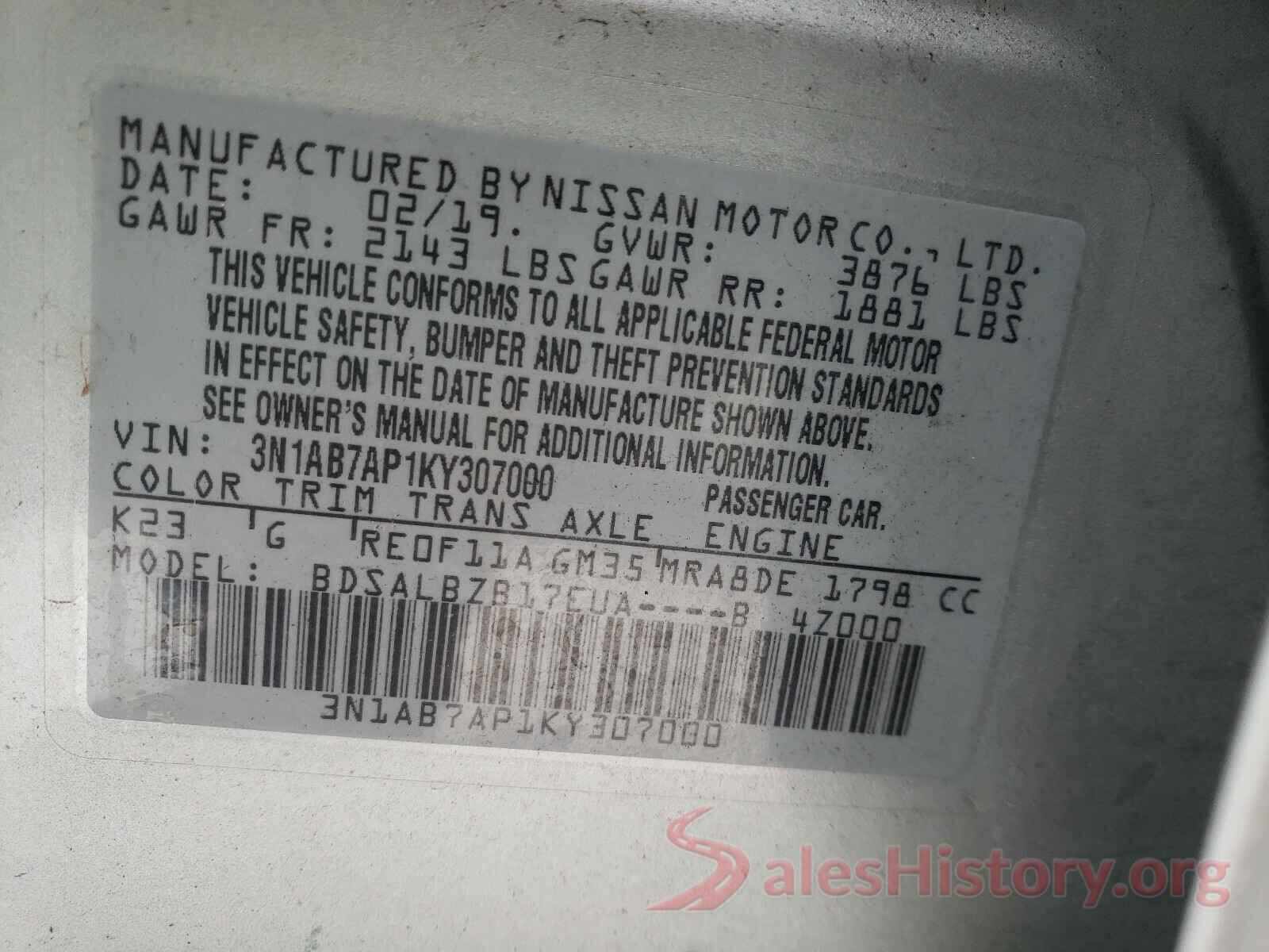 3N1AB7AP1KY307000 2019 NISSAN SENTRA