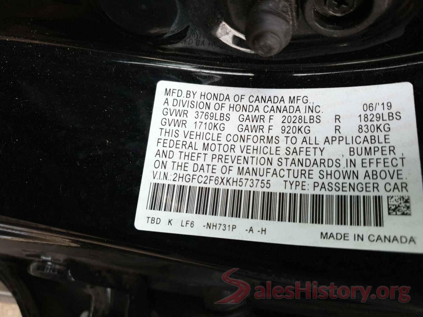 2HGFC2F6XKH573755 2019 HONDA CIVIC