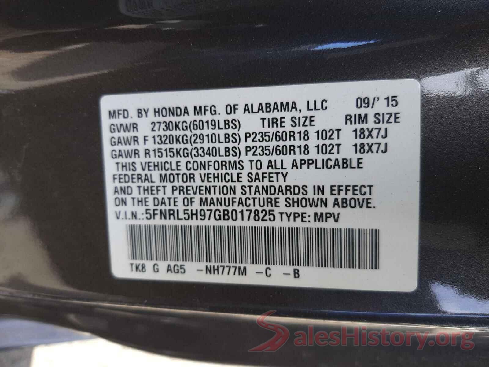 5FNRL5H97GB017825 2016 HONDA ODYSSEY