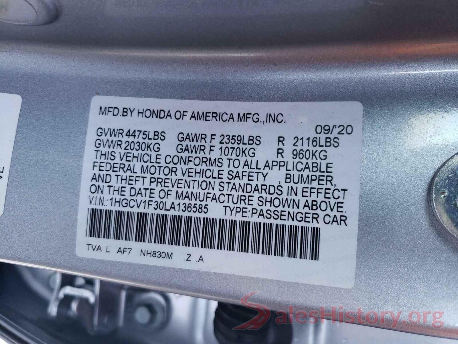 1HGCV1F30LA136585 2020 HONDA ACCORD