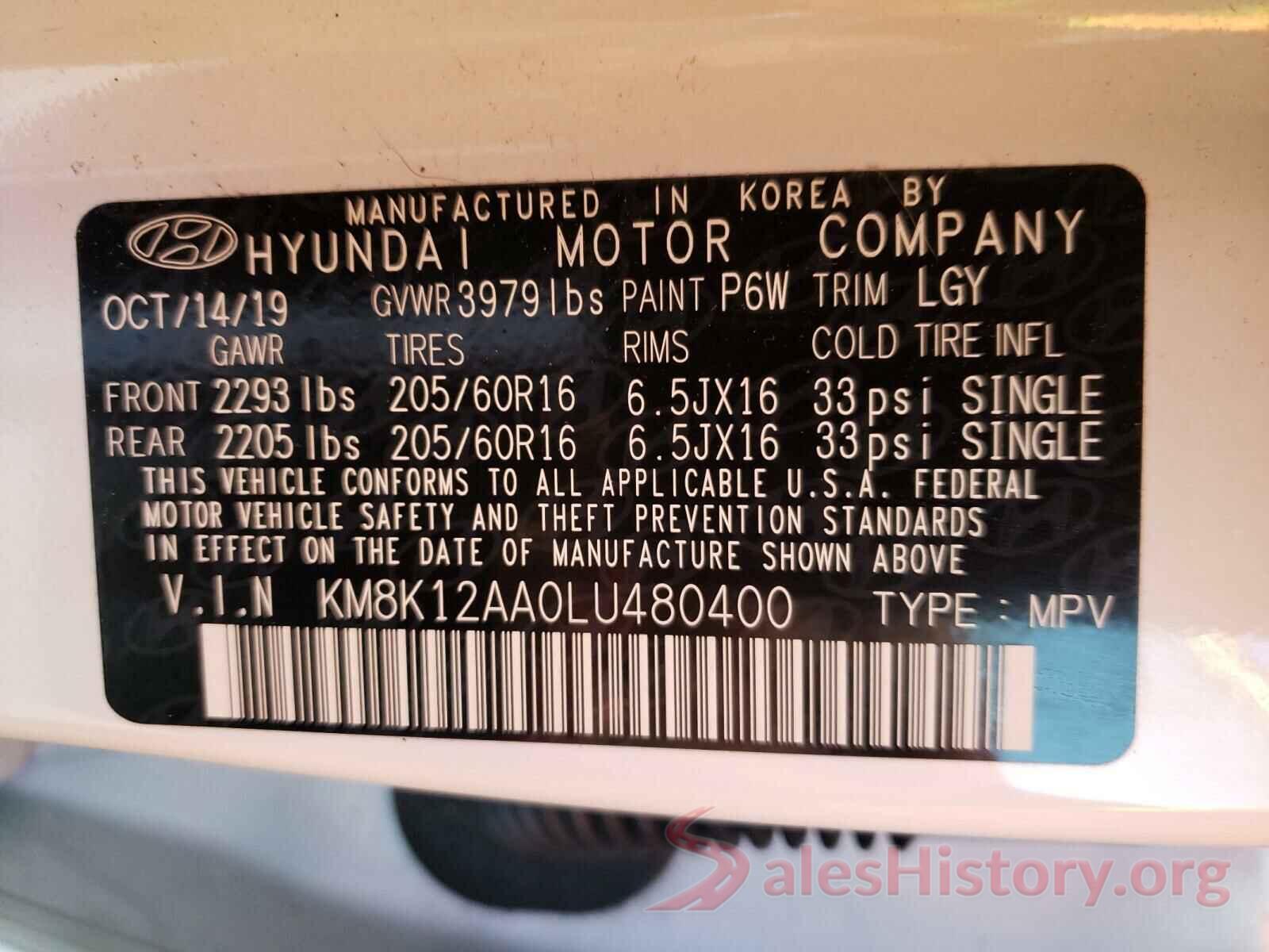 KM8K12AA0LU480400 2020 HYUNDAI KONA